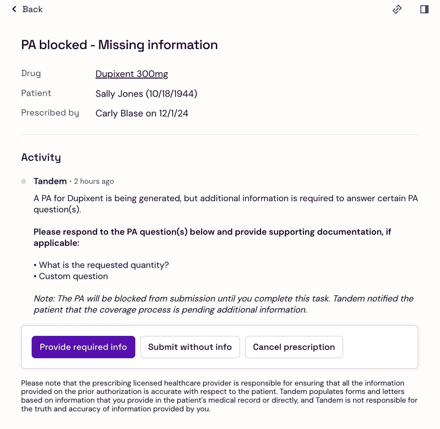 Documentation gap alert flow with options to upload, proceed without info, or cancel script