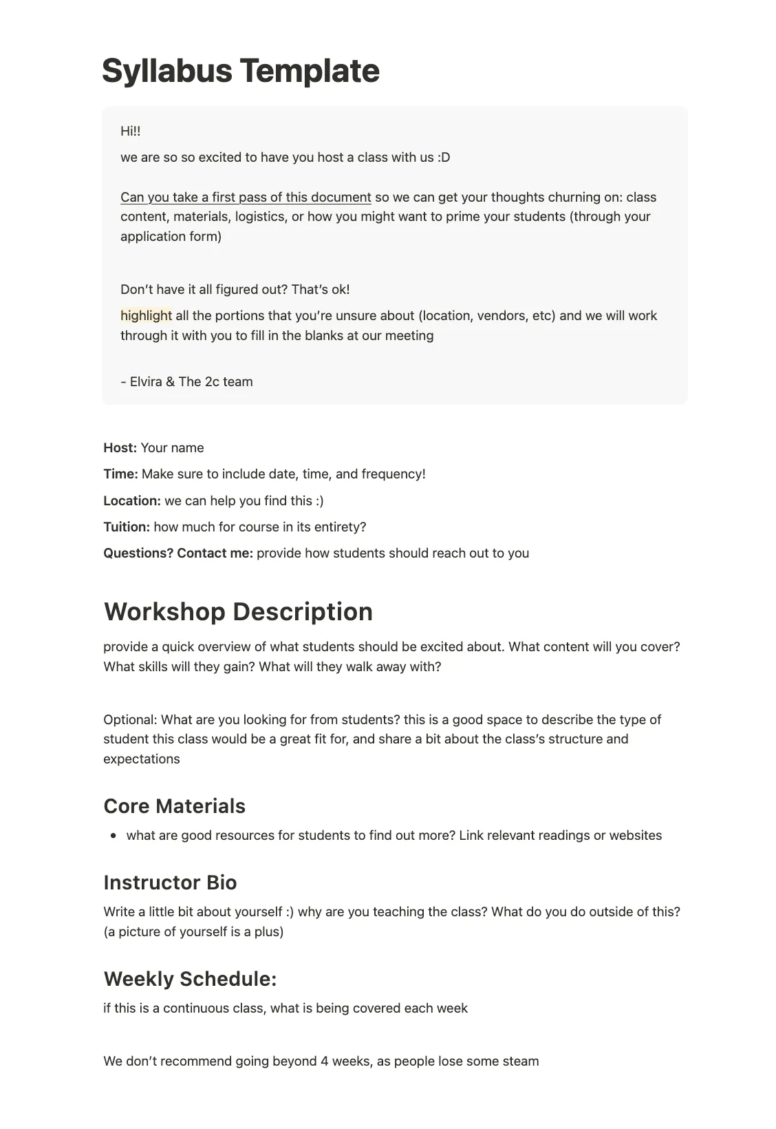 Course syllabus template for prospective hosts to plan programming
