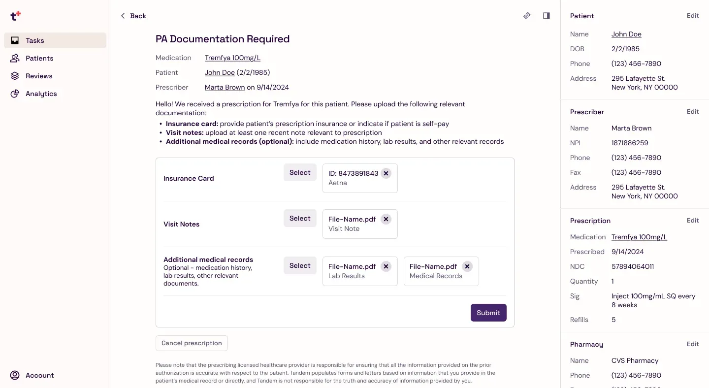 Tandem provider portal — main screen